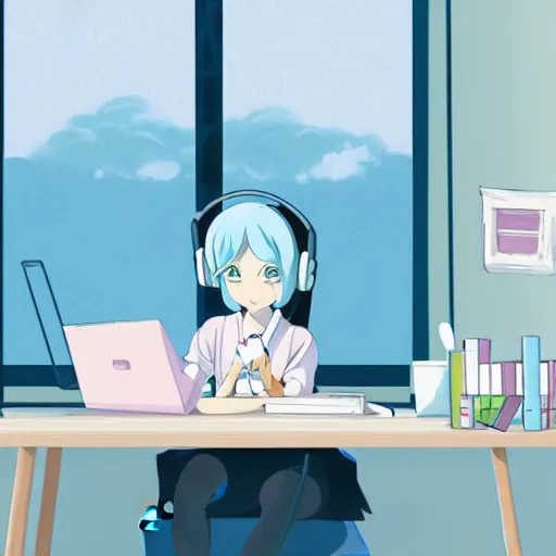 Image similar to high definition anime portrait of a pastel blue haired anime girl sitting at a desk studying with headphones on, background is a window looking out into a busy Tokyo district, lo-fi art, by Studio Ghibli, trending on artstation, sharp high quality anime, digital art, photoshop, proportionate, ambient lighting