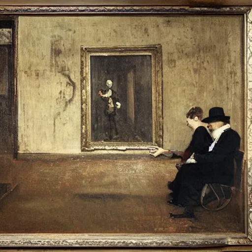 Image similar to a man and a woman solving an escape room puzzle, mysterious markings on the wall, by alfred stevens