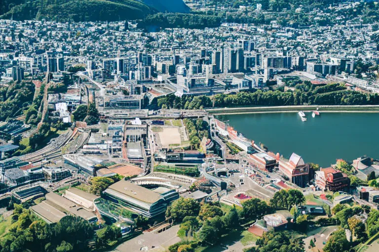 Image similar to bird's eye view photography of a small city. town hall, central farm, monorail station, beach and shipping dock. hills, woods and lake to the north.