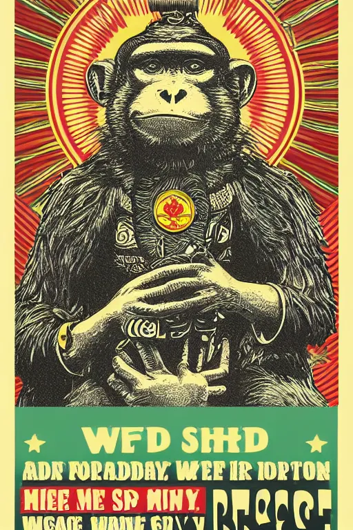 Image similar to Shepard Fairey poster of reggae weed smoking monkey , color, high resolution.