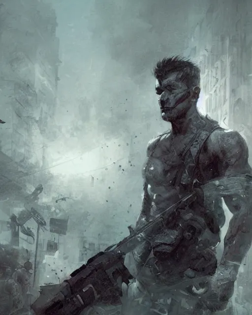 Image similar to battle hardened charismatic man soldier muscular, face centered portrait, confident, ruined cityscape, zombies, fog, rain, volumetric lighting, soft light particles floating near her, illustration, perfectly shaded, soft painting, art by krenz cushart and wenjun lin