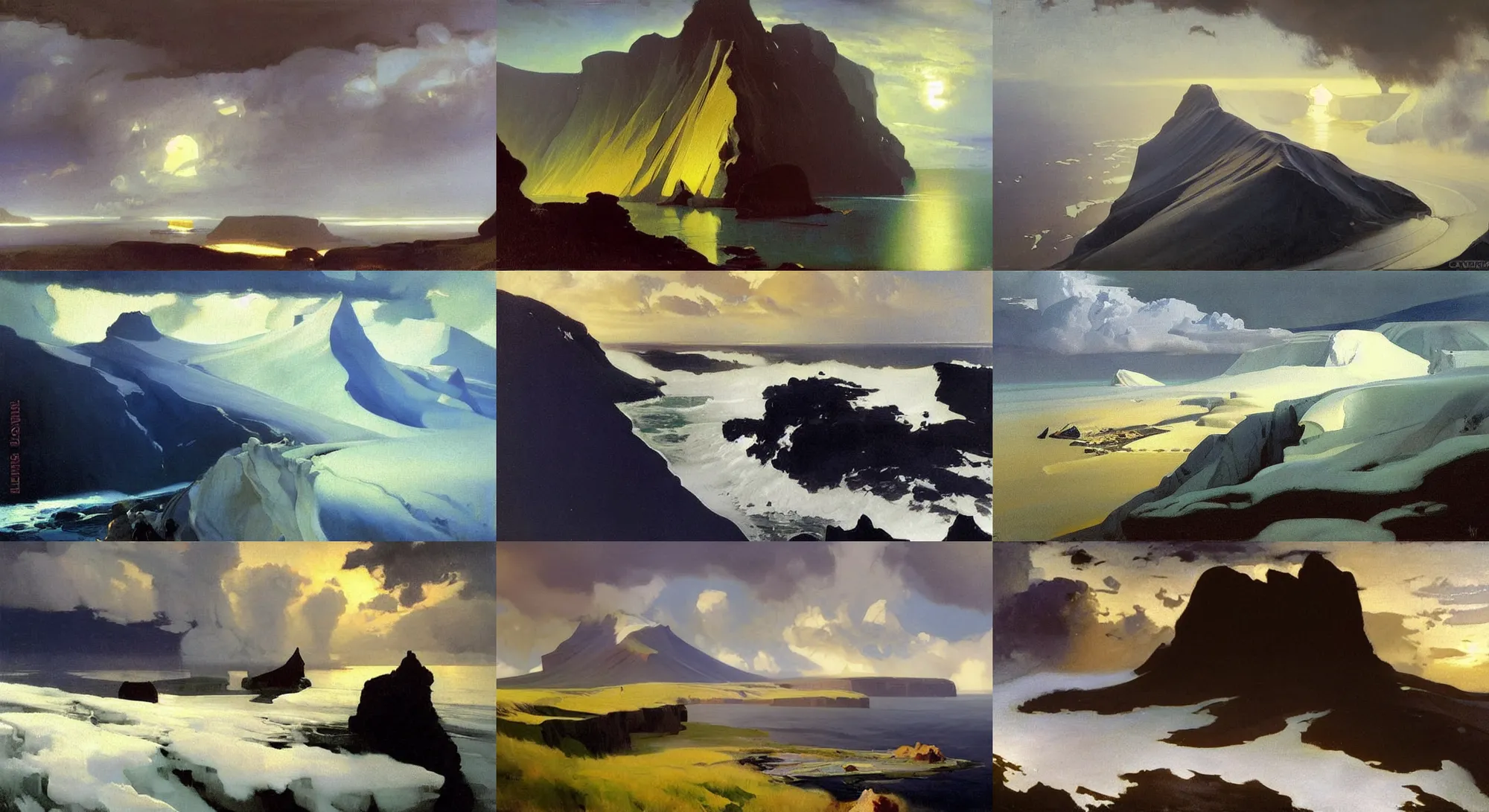 Prompt: painting by sargent and leyendecker and greg hildebrandt savrasov levitan kuindzhi aiwazovsky gorgeous fantasy landscape deep dark night and moonlight above the layered low clouds on madeira faroe azores iceland black coast icebergs and glacier overcast storm wide angle view from above masterpiece