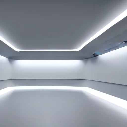 Prompt: a white room 1 2 ft long x 1 0 ft wide x 8 ft tall, geometrically perfect, clean and empty, sci - fi spaceship futuristic paneling unreal engine, general studio lighting, 8 k,