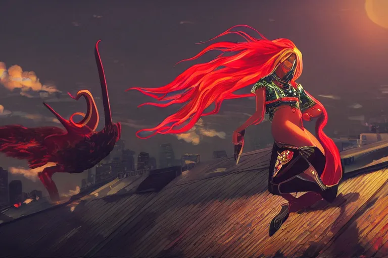 Image similar to beyonce dressed as a ninja riding a red horse on a harlem rooftop, highly detailed, 4k resolution, lighting, anime scenery by Makoto shinkai