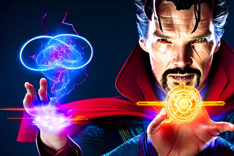 Prompt: portrait of doctor strange making a spell, neon lights, sharp focus, hyperdetailed, artstation, cgsociety, 8k