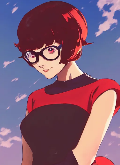 Prompt: Painting of Velma Dinkley in the style of Persona 5, anime style, winged eyelashes, countryside, calm, fantasy character portrait, dark outlines, dynamic pose, above view, sunny day, artwork by Makoto Shinkai, very coherent asymmetrical artwork, sharp edges, perfect face, simple form, 100mm