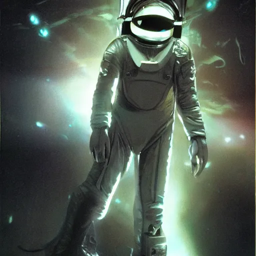 Image similar to concept art from 1 9 9 8 by david cronenberg diver astronaut in underwater futuristic dark and empty spaceship. complex technical suit design. reflection material. rays and dispersion of light breaking through the deep water. trend artstation, 3 5 mm, f / 3 2. noise film photo. flash photography