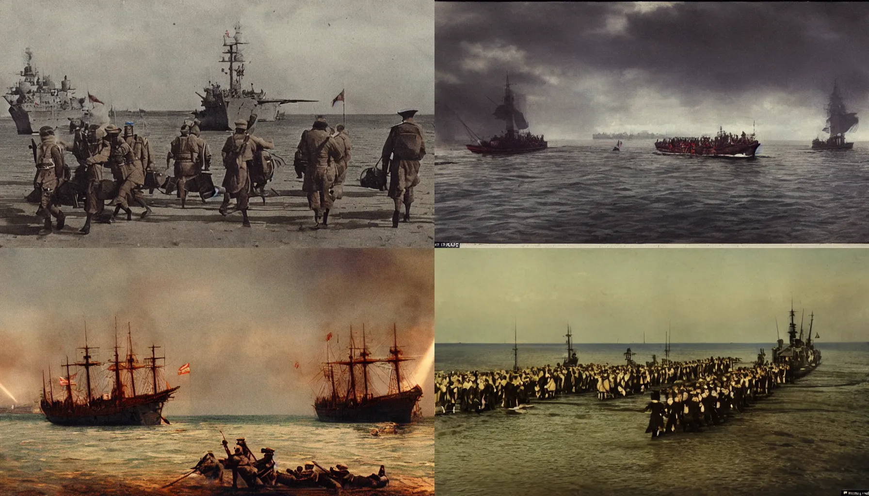 Prompt: british troop arriving on warship hms comus landing on a beech in kerala 1921, cinematic, volumetric lighting, color graded