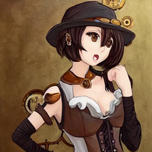 Image similar to cute anime woman in steampunk clothing doing a cute pose. oil painting masterwork