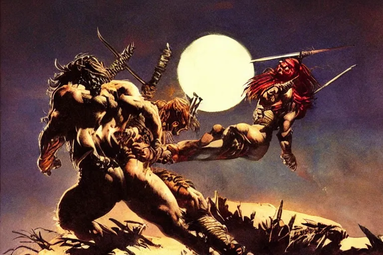 Prompt: a strong and savage barbarian warrior beneath a full moon, art by frank frazetta