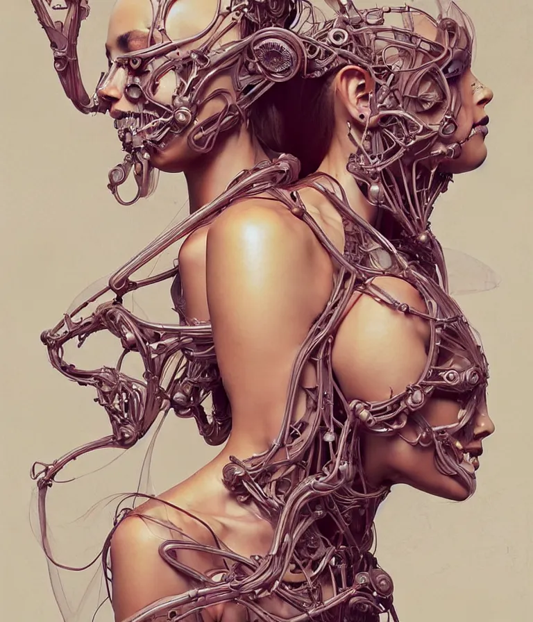 Image similar to fully symmetrical centered portrait of a beautiful princess in robe. artificial muscles, ribcage, bones, hard surface modelling. cyberpunk look. biomechanical mask. bio luminescent biomechanical halo around head. jellyfish. artwork by jarold Sng by artgerm, by Eddie Mendoza, by Peter mohrbacher by tooth wu by alfons mucha, unreal engine, octane render, cinematic light, iridescent details, iridescent colors, dichroic, macro, depth of field, blur