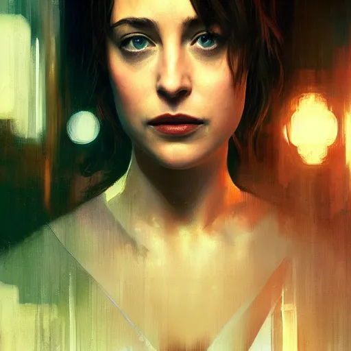 Image similar to dakota johnson, hyperrealistic portrait, bladerunner street, art of elysium by jeremy mann and alphonse mucha, fantasy art, photo realistic, dynamic lighting, artstation, poster, volumetric lighting, very detailed face, 4 k, award winning