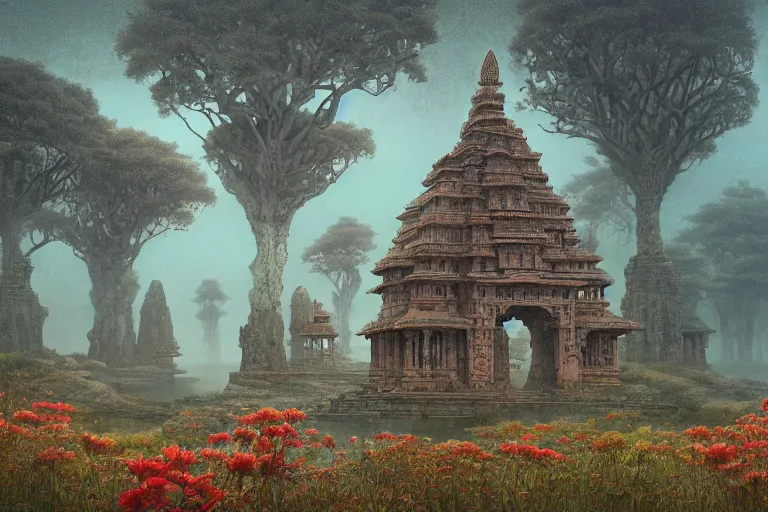 Image similar to photography of a beautiful archipelago of never seen before stunning ancient indian temple and palaces. complex intricate pilars patern, runes. trees water and flowers. afternoon light inspiring science fiction, intricate, elegant, uplifting, inspirational, highly detailed by beksinski and simon stalenhag