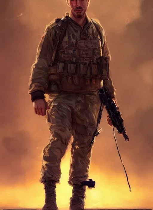 Image similar to purple scene lighting, detailed character portrait!!! concept art, older ryan gosling as a soldier with beard, short hair, in a soldier uniform, desert background, city skyline, sharp focus, illustration, highly detailed, digital painting, concept art, matte, art by wlop and artgerm and greg rutkowski, masterpiece