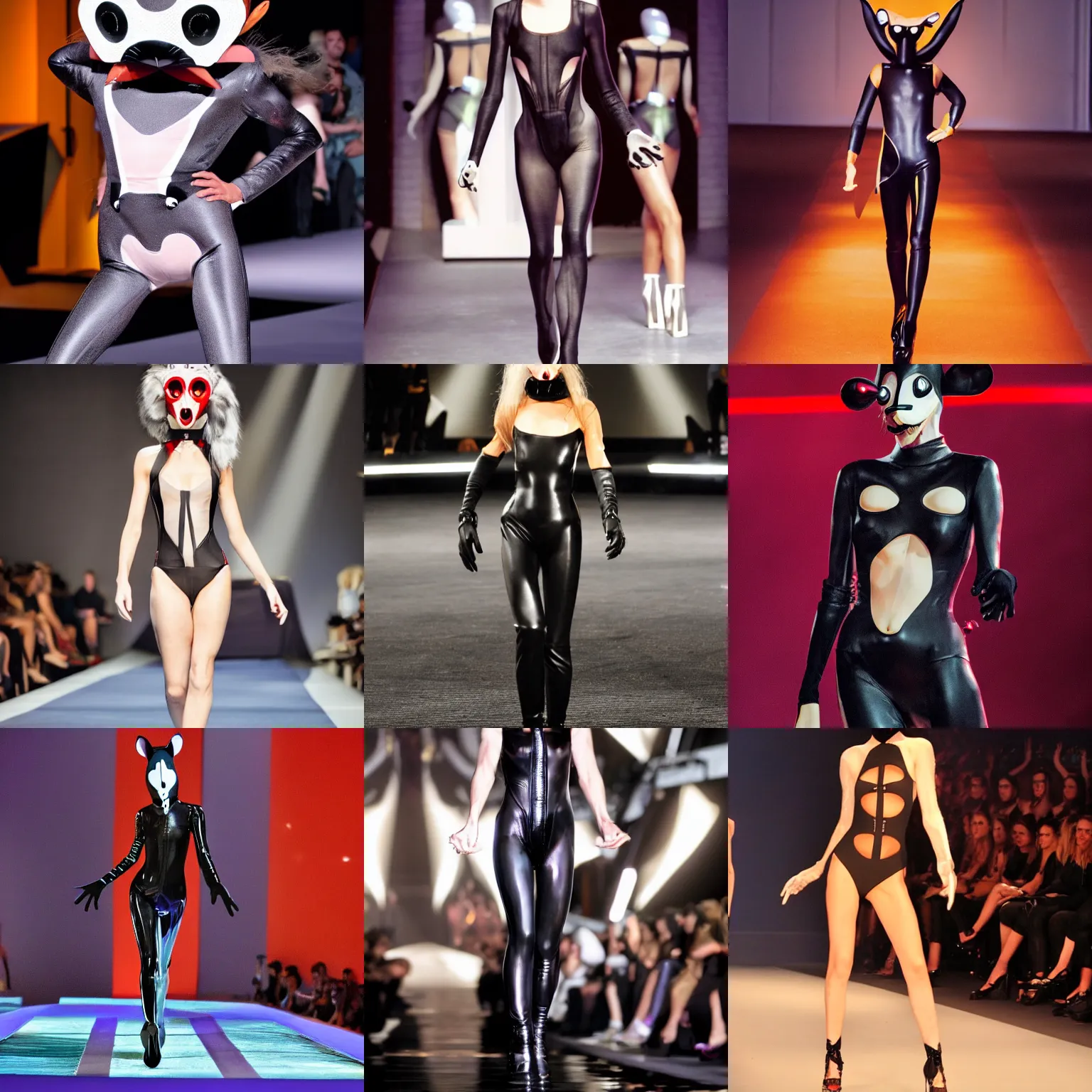 Prompt: anthropomorphic rat on a catwalk wearing a mugler bodysuit