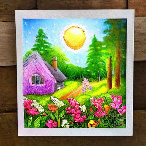 Image similar to a beautiful cottage in the forest, water painting, sun lit, flowers, rainbow