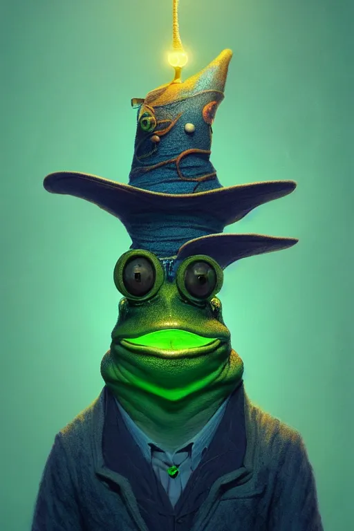 Image similar to Bioluminescent, portrait of frog wearing wizard hat, very intricate , trending on artstation , very elegant, in the golden hour by Daniel Merriam, Trending on Artstation, oil on Canvas by Elena Zhurikhina and Goro Fujita and Charlie Bowater, octane render, 4k, 8k, HD