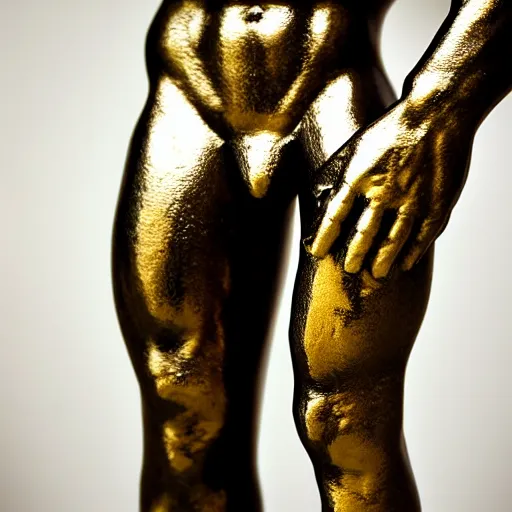 Image similar to stunning close up photograph of marble sculpture of strong masculine man's legs made of marble. Sculpture is on top of fine gold base, masculine texture background, 40mm lens, shallow depth of field, split lighting