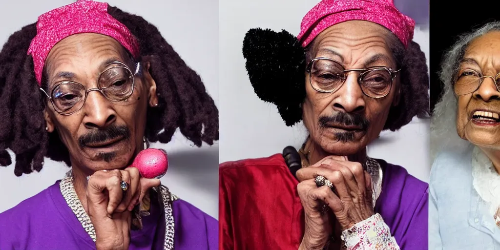 Prompt: an old woman rapper who looks like a mix between snoop dogg and queen elizabeth