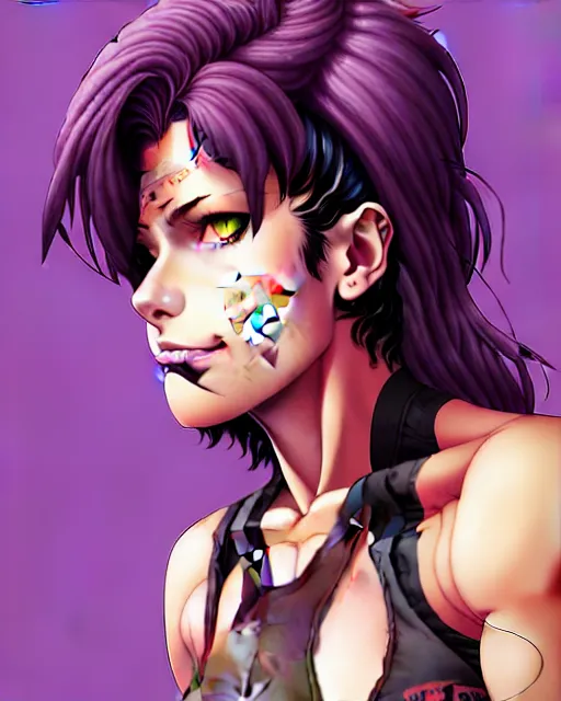 Image similar to a portrait of revy from black lagoon, dilraba dilmurarevy, smirk, black tank top, jean shorts, brown eyes, purple hair, tribal tattoos right arm sleeve, symmetrical eyes, symmetrical face, art by lois van baarle and loish and ross tran and rossdraws and sam yang and artgerm