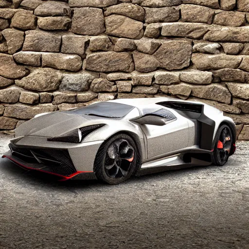 Image similar to lamborgini made of stone, inka style, hyper - realistic, very detailed, ray tracing, 8 k resolution, long - shot, sharp focus, low angle, 3 5 mm photograph, wide lens