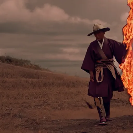 Image similar to cinematic film still Pharrell Williams starring as a Samurai holding fire, Japanese CGI, VFX, 2003, 40mm lens, shallow depth of field,film photography