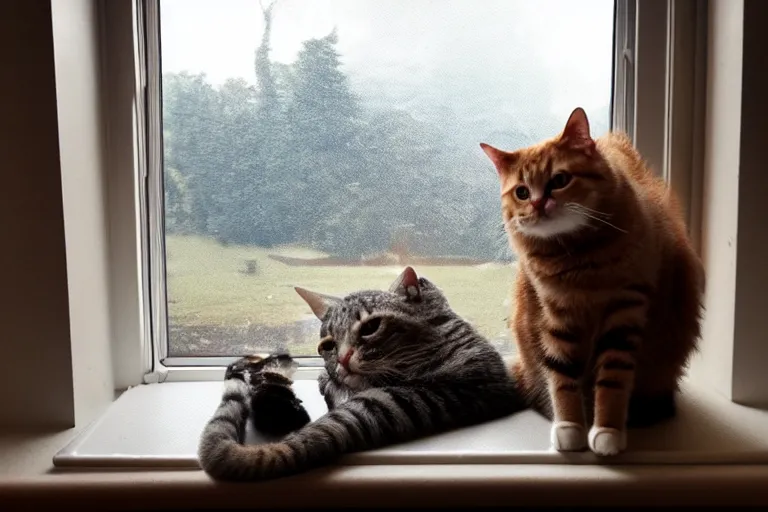 Image similar to cat sitting on the windowsill wrapped in a plaid plaid, Mushroom cloud far behind