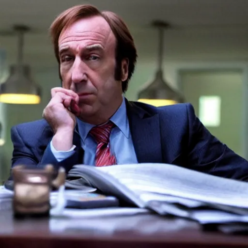 Prompt: A photo of Saul Goodman giving a gorilla legal advice, cinematic lighting