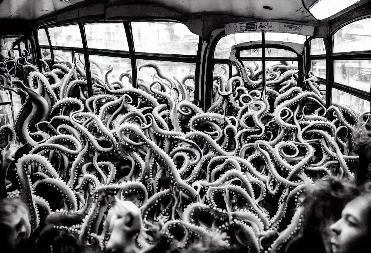 Image similar to photo of a interior of a crowded bus, there is a huge monster octopus trying to break in, octopus beak, tentcles creeping in thrugh the windows and gaps, people are scared and screaming while trying to flee through the windows, 1 6 mm lens,