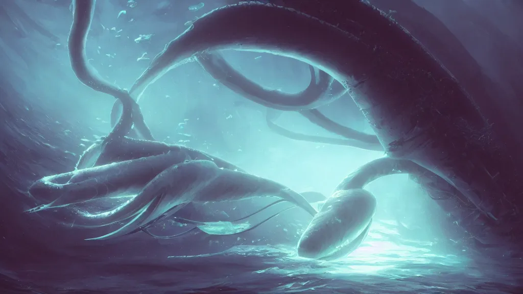 Image similar to a photorealistic hyperrealistic underwater render of a giant squid attacks a deep sea submersible with bright headlights by greg rutkowski, james paick, wlop, nicolas bouvier sparth, stephan martiniere, dramatic moody lighting, underwater caustics, volumetric, light rays, cinematic atmosphere, octane render, artstation, 8 k