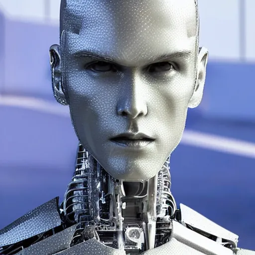 Image similar to made of ice, a realistic detailed photo of a guy who is an attractive humanoid who is half robot and half humanoid, who is a male android, on display, blank stare, showing off his muscles, shiny skin, posing like a statue, by the pool, frozen ice statue, twitch streamer / gamer ludwig, humanoid robot