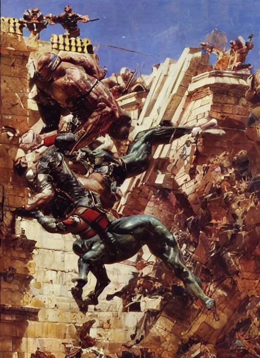 Image similar to jocko willink as huge warrior fighting godlike at the walls of troy, dynamic action science fiction, by john berkey and lawrence alma tadema and rick berry and norman rockwell and jack kirby