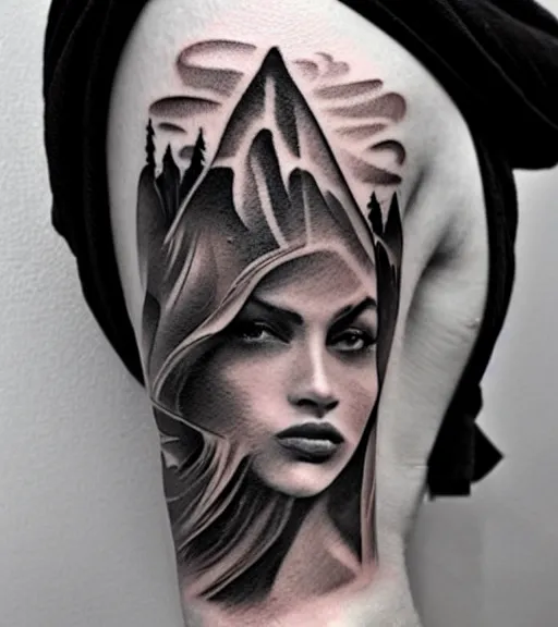 Prompt: tattoo design sketch of an extremely beautiful woman with a background of beautiful mountains on the side, hyper - realistic, double exposure effect, in the style of den yakovlev, amazing detail, black and white, faded