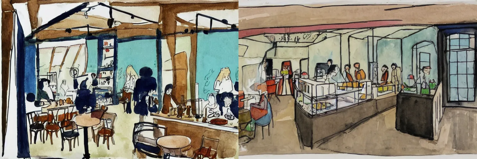 Prompt: pen and watercolor drawing of small coffee shop interior design by Charlotte Salomon, by Seiichi Hayashi, a masterpiece