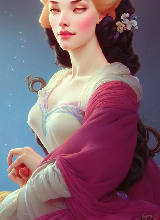 Image similar to portrait of disney sleeping beauty, intricate, elegant, highly detailed, my rendition, digital painting, artstation, concept art, smooth, sharp focus, illustration, art by artgerm and greg rutkowski and alphonse mucha and uang guangjian and gil elvgren and sachin teng, symmetry!!