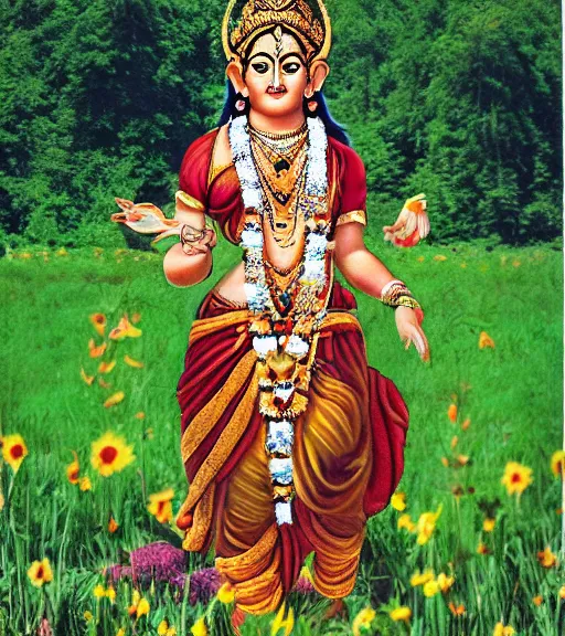 Image similar to hindu goddess standing looking at you at distance in beautiful meadow of flowers, film photo