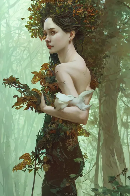 Prompt: full body forest queen akimbo portrait highly detailed, digital painting, artstation, concept art, smooth and sharp focus, illustration, art by tian zi and wlop and alphonse mucha