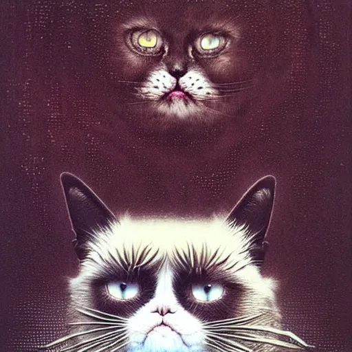 Prompt: cute chthonic fluffy grumpy cat by Ayami Kojima, Beksinski, Giger
