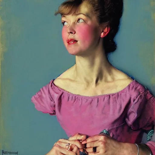 Image similar to portrait of a blue and pink queen, by norman rockwell