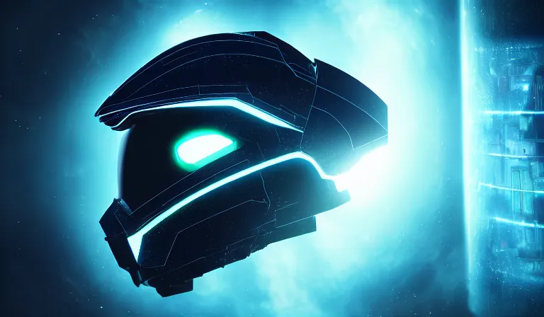 Image similar to cyberpunk halo helmet floating in space with reflections, epic, dramatic, photorealistic, award winning, 8k,