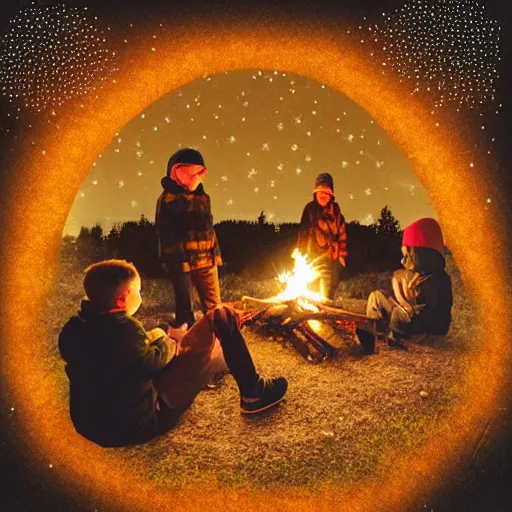 Image similar to a comfy crackling outdoor campfire in front of a very dark background of yellow illustrated stars, astrophotography, warm muted colors, cut paper photo collage with photograph and illustration