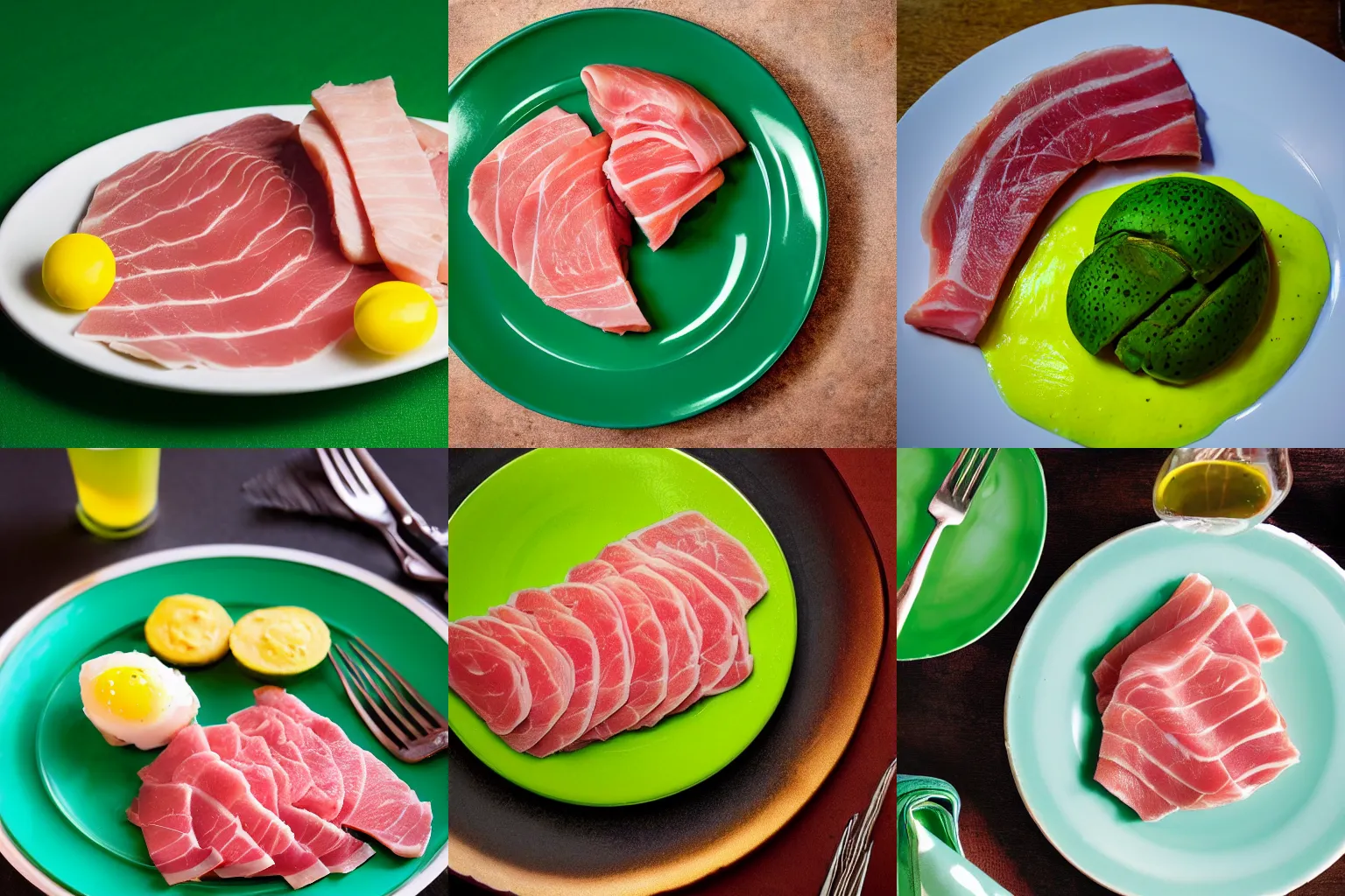 Prompt: a plate of green eggs and ham. Beautiful lighting. Highly detailed. Award winning photography.