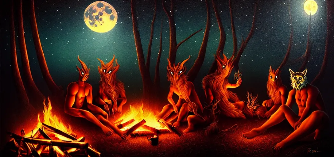 Image similar to strange mythical beasts of sitting around a fire under a full moon, surreal dark uncanny painting by ronny khalil