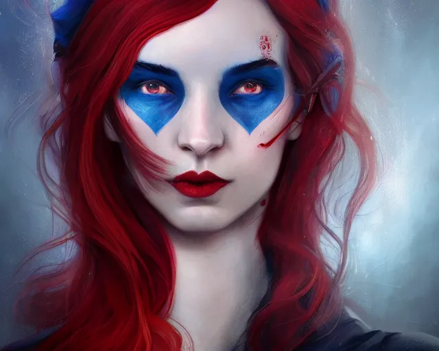 Image similar to A detailed matte oil on canvas head on symmetrical portrait of a distinguished elven woman with red and blue hair on an empty background, by Charlie bowater, Lise Deharme, Wlop, trending on artstationhd, dungeons and dragons art, parted hair , half blue, half red , split dye, critical role