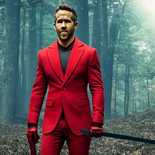 Prompt: Ryan Reynolds wearing a red suit and holding a long sword in the middle of a detailed ancient forest, art, 8k,