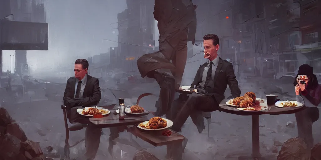 Prompt: Kyle Mclacklan as agent Dale Cooper is eating meatballs, Greg Rutkowski, Darek Zabrocki, Karlkka, Jayison Devadas, Phuoc Quan, trending on Artstation, 8K, ultra wide angle, pincushion lens effect.