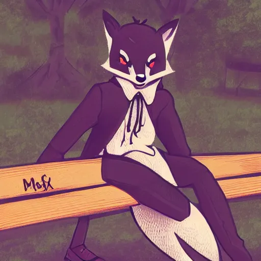 Prompt: a manly anthropomorphic fox wearing streetwear, sitting on a bench in a park, furry art, furaffinity, character design, 4k