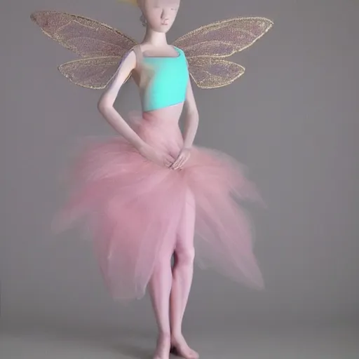 Prompt: body of a floating fairy in pale pink and turquoise, fluid dress