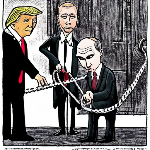 Image similar to Trump being taken for a walk on a leash held by Putin, political satire cartoon