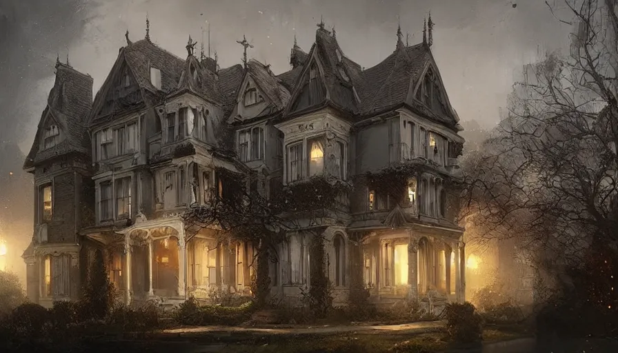 Prompt: portrait of a victorian manor house on a street, architecture, detailed, cinematic lighting, digital art painting by greg rutkowski